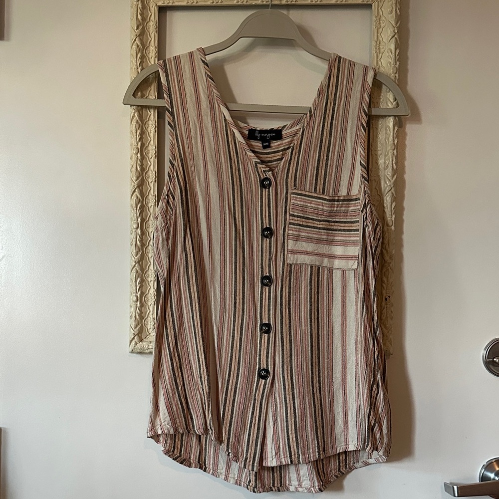 LILY MORGAN | Linen Striped Sleeveless Top with Pocket and Button Down - Picture 2 of 11